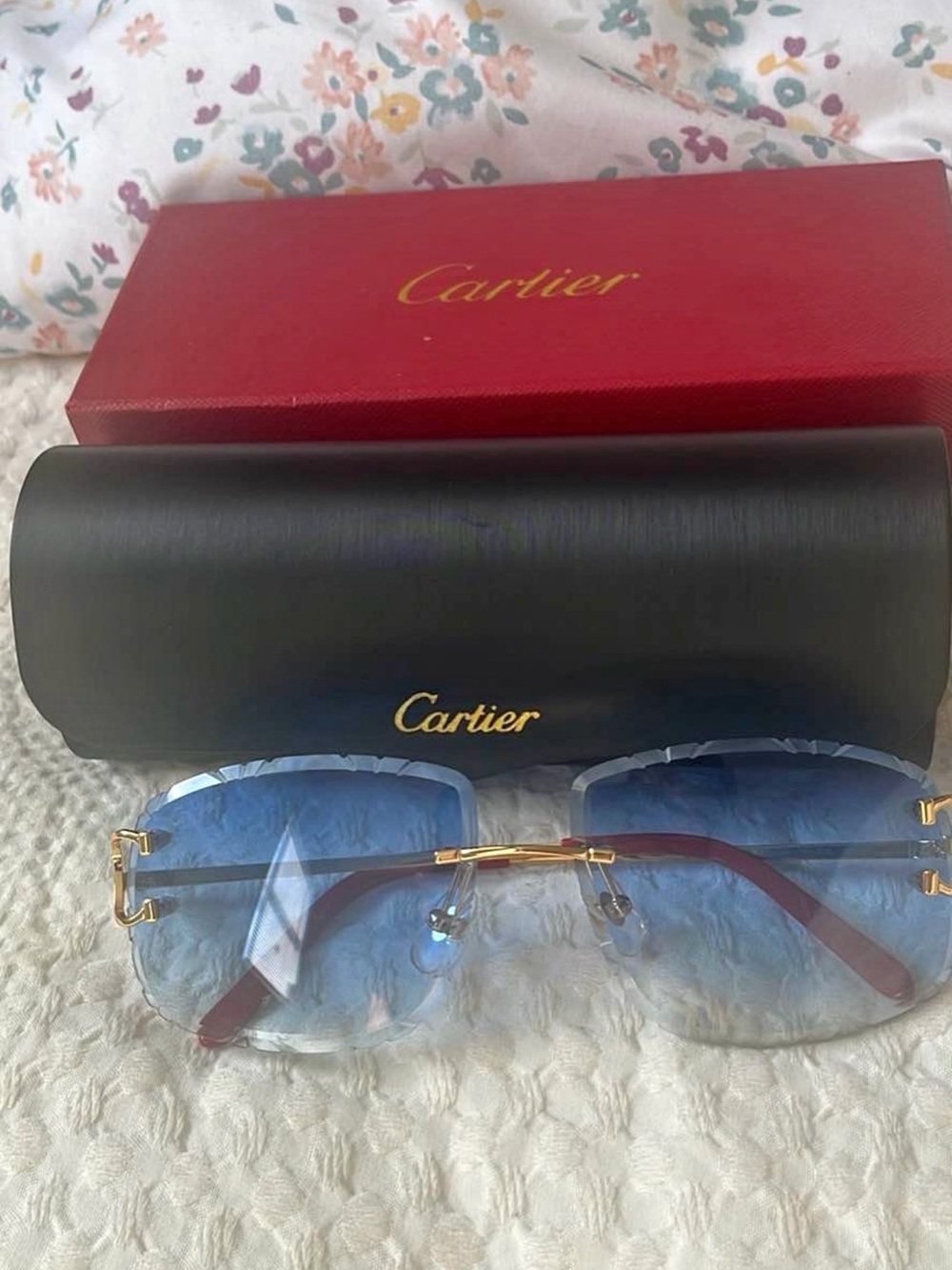 Cartier Men’s Rimless Sunglasses with Blue Gradient Lenses and Gold Details